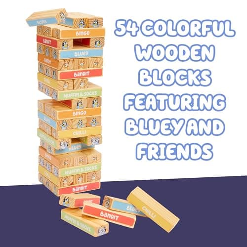 Bluey 8th Wonder Stackable Tumbling Tower Game, Robust Wooden Stacking Game with 54 Illustrated Colored Blocks, Fun Balancing Toy for Kids Ages 3+ — view 3
