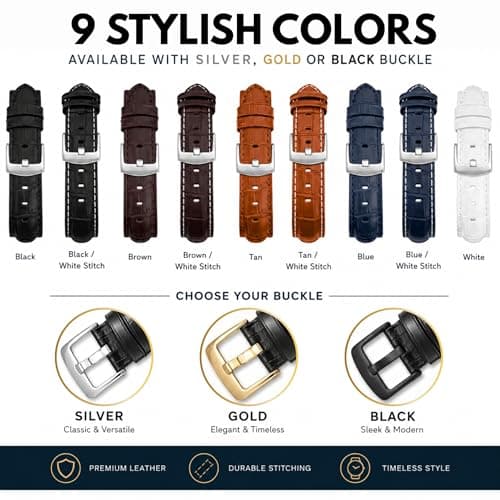 Bandini Mens 20mm Extra Long Leather Watch Band for Large Wrists – Premium Top Grain Alligator Embossed Strap, Durable Replacement, Soft Comfortable Fit, Black/Gold Buckle — view 3