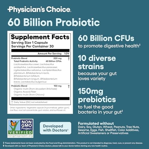 Physician's CHOICE Probiotics 60 Billion CFU - 10 Strains + Organic Prebiotics - Immune, Digestive & Gut Health - Supports Occasional Constipation, Diarrhea, Gas & Bloating - for Women & Men - 30ct — view 5