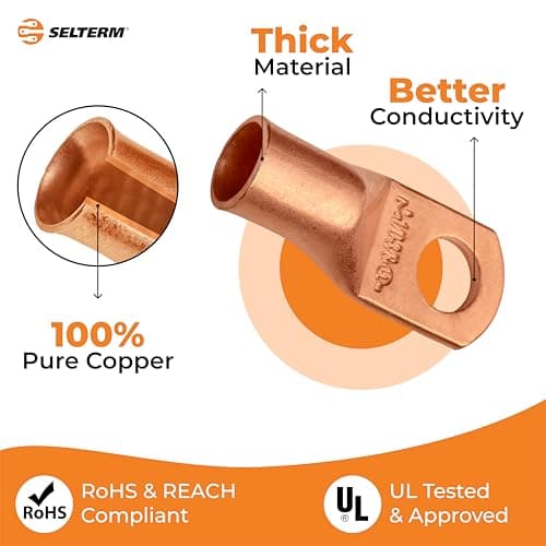 SELTERM 1/0 AWG 3/8 inch Stud (5 pcs.) UL Heavy Duty Battery Ring Terminal 0 Gauge Connector, Tubular Electrical Wire End Cable Lugs, Bare Copper Eyelets [B67], MD1038U / MDS1038U — view 2
