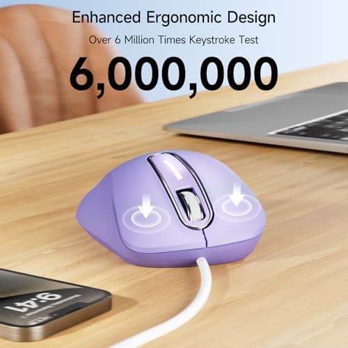 memzuoix Wired Mouse, USB Computer Mouse 1400 DPI Mobile Optical Mouse Ergonomic Design Computer Mice with 5FT Cord for Laptop, PC, Desktop, MacBook, 5 Buttons (Lilac) — view 3