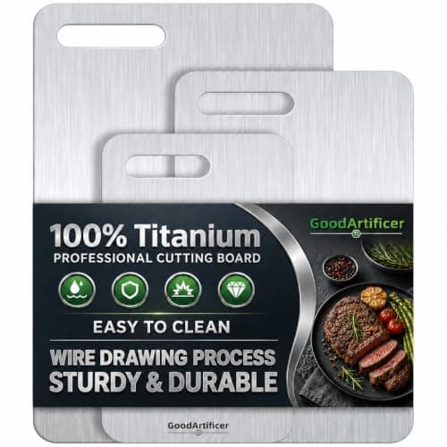 100% Pure Titanium Cutting Board Set of 3, Reversible Dual Side Hygienic Kitchen Cutting Board, Odor Resistant Stain Proof Metal Board with Handle Cutout, Dishwasher Friendly