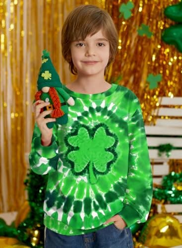 BesserBay Unisex Kids Boy Girls St. Patrick's Crew Neck Long Sleeve Casual Sweatshirt Green Tie Dye Clover 5-6 Years — view 2