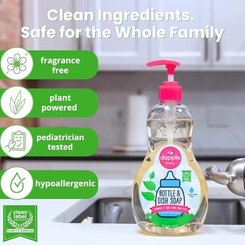 Dapple Baby Fragrance Free Bottle & Dish Soap - (3 Pack) 16.9 fl oz - Cleans Baby Bottles, Sippy Cups, Pacifiers, Breast Pumps, & More - Gently Removes Milk Film & Odors - Includes 1 Pump — view 6