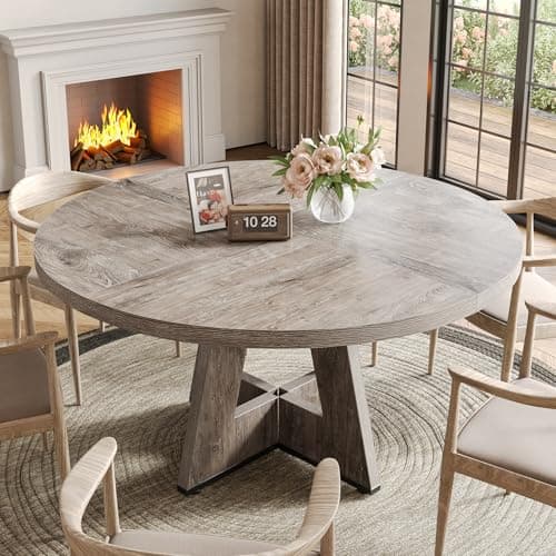 LITTLE TREE Round Dining Table for 4-6 People, 47 Inches Grey Dining Room Table with Wooden Pedestal Base, Farmhouse Dinner Tables, Circle Kitchen Tables for Dining, Kitchen, Living Room — view 4
