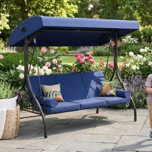 Aoxun Outdoor Porch Swing with Stand and Canopy, 3 Seats Outdoor Swings for Adults, Convertible 2 in 1 Swing Bed with Cup Holder, Patio Swings with Thicken Cushions for Garden, Yard & Balcony, Blue — view 9