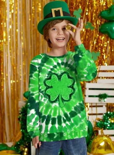 BesserBay Unisex Kids Boy Girls St. Patrick's Crew Neck Long Sleeve Casual Sweatshirt Green Tie Dye Clover 5-6 Years — view 4