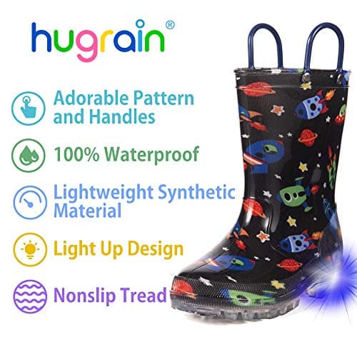 HugRain Toddler Boys Rain Boots Baby Kids Light Up Printed Waterproof Shoes Rubber Garden Puddle Boots Lightweight Adorable Cute Black Cosmos Space Roket Easy-On Handles and Insole (Size 6,Black) — view 2