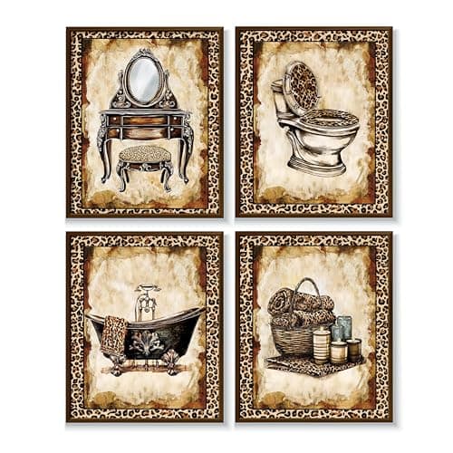 MKYFHSVGD Leopard Print Bathroom Wall Art Posters Set of 4, Vintage Cheetah Vanity Bathtub Toilet Prints Posters for Bathroom Washroom Restroom Powder Room Wall Decor, 8x10 Unframed