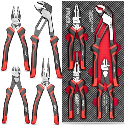 TOPEX 4 Piece Pliers Set with Ergonomic Non-Slip Handle (190 mm Diagonal Cutters, 200 mm Combination Pliers, 200 mm Long Nose Plier, 250 mm Water Pump Plier) for Demanding Tasks & Home Use