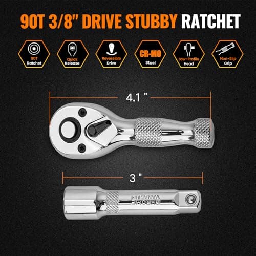 WRANIX Stubby 3/8" Drive Ratchet Wrench, 90T Mini Ratchet, Quick-Release Reversible with Cr-Mo Head and 3" Extension Bar for Tight Spaces