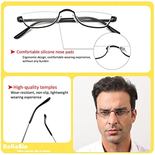 Half Reading Glasses 2 Pairs Half Rim Metal Frame Glasses Spring Hinge Readers for Men and Women, Black+Gold 2.50 — view 3
