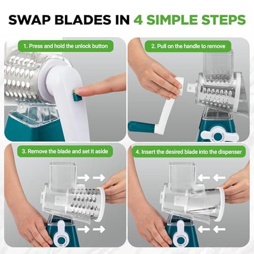 Nutrichef 3 in 1 Cheese Grater & Shredder | Strong Suction Base, Rotary Handle with Safety Lock | Includes Hand Crank & 3 Drum Blades for 3 Textures, Fine, Medium & Strips | Teal — view 2
