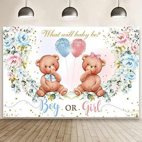 Bear Gender Reveal Baby Shower Party Backdrop Boy or Girl Pink Blue Floral Eucalyptus Photography Background Party Decor Blue and Pink Balloons Gold Photobooth Cake Smash 7x5ft — view 4