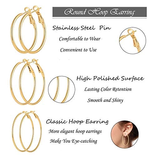5 Pairs Gold Plated Hoop Earrings for Women, 14K Gold Plated Hypoallergenic Stainless Steel Hoop Earrings Set, Lightweight Large Small Gold Hoops Set — view 4
