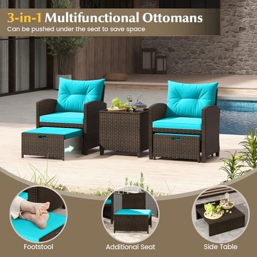 KOTEK 5 Pieces Patio Furniture Set with Ottomans, Wicker Patio Conversation Set with Coffee Table & Cushions, PE Rattan Outdoor Lounge Chairs for Backyard, Porch, Poolside (Mix Brown- Turquoise) — view 4