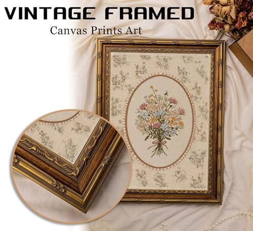 Vintage Gold Framed Wall Art, Cottagecore Pink Wildflower Bouquet Picture Wall Decor, Rustic Farmhouse Flowers Botanical Canvas Poster Artwork, for Nursery Living Room Bedroom 9X11in — view 4