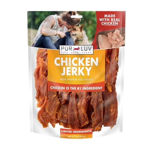 Pur Luv Chicken Jerky Dog Treats, Made with 100% Real Chicken Breast, 16 Ounces, Healthy, Easily Digestible, Long-Lasting, High Protein, Satisfies Dog's Urge to Chew
