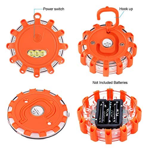 AK [4 Pack LED Road Flares Safety Flashing Warning Light Roadside Emergency Disc Beacon Kit for Vehicles Boats with Magnetic Base & Hook, Premium Storage Bag (Batteries Not Included) (4) — view 4