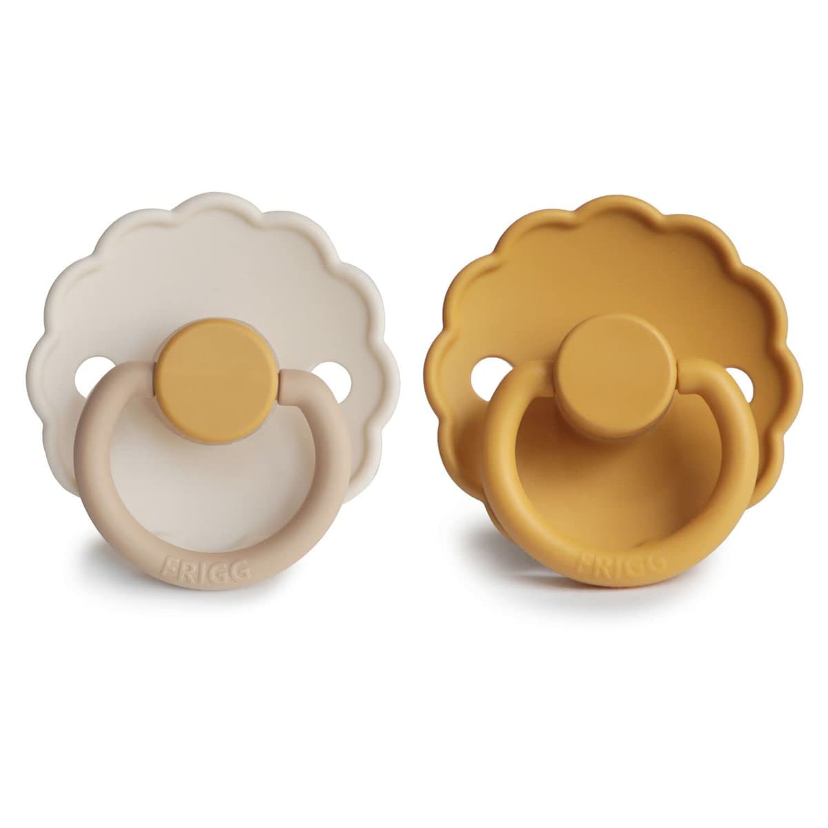 FRIGG Daisy Chupete 2-Pack | Chupete de silicona | Sin BPA | Fabricado en Dinamarca | Tetina simétrica tipo cereza | (Chamomile/Honey gold, Talla 2 (6-18 Meses)) — view 2