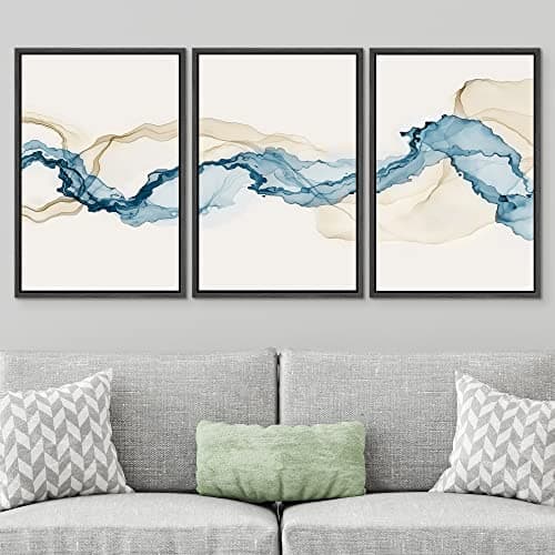 SIGNWIN Framed Canvas Print Wall Art Set Blue Tan Smoke Wave Landscape Abstract Shapes Illustrations Modern Art Decorative Contemporary Colorful for Living Room, Bedroom, Office - 24"x36"x3 Black — view 2
