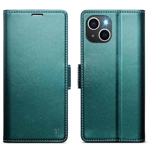 Tenifly for iPhone 13 Case Wallet with RFID Blocking Card Holder, PU Leather Kickstand Protective Flip Phone Cover Fit for iPhone 13 6.1", Bluish Green