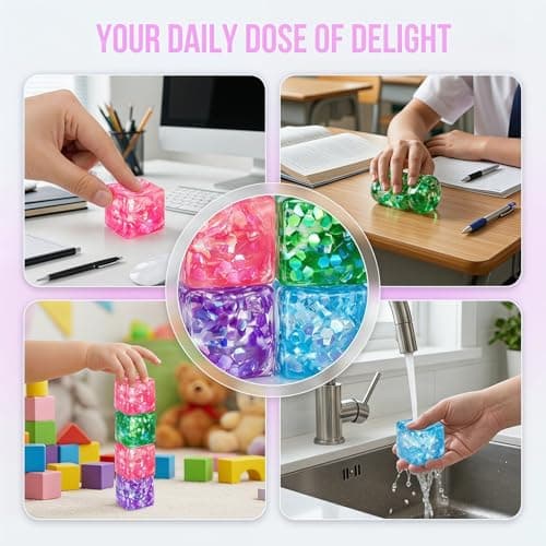 4 Pack Glitter Ice Cube Squishy, Slow Rising Stress Relief Toys, Square Stree Balls Fidget Toys for Adults Boys Girls, Squeeze Ball Sensory Toys for Kids with Autism, Party Favors Gifts — view 6