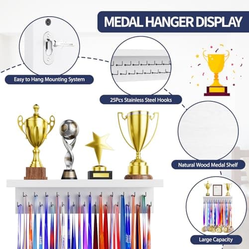 DSVENROLY Medal Holder Display Trophy Shelf Organizer, Sturdy Wooden Race Award Hanger Rack with 25 Steel Hooks, Wall Mount Storage Stand for Sports Fans, Cheer Success, White with Black Pegs — view 5
