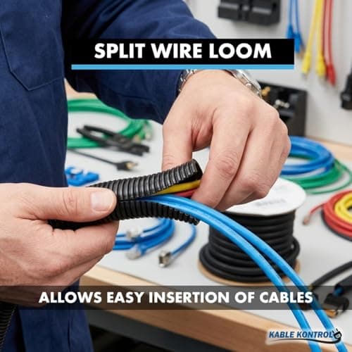 Kable Kontrol Split Wire Loom Tubing 1/2” Inch 25 Ft Long - Black Wire Conduit Cover for Cords - Corrugated Tubing and Protector for Automotive Wires – Durable Polyethylene — view 4