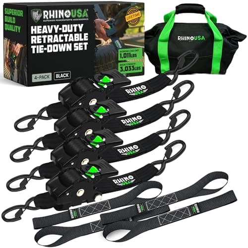 Rhino USA Retractable Ratchet Straps (4-Pack) - 2 Inch x 10 Feet (3,033lb Break Strength) - Heavy Duty Auto Self Retracting Tie Down Straps for Truck, Cargo Trailer, Motorcycle, Rad & More - Black