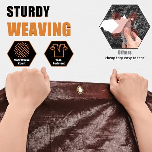 10x12FT Waterproof Tarp, Yumatum 10 Mil Heavy Duty Tarps with Reinforced Edges/Brass Grommets, 100% UV Blocking/Tear Resistant Poly Tarp for Camping, Patio, Tent, Boat(Brown/Black) — view 3