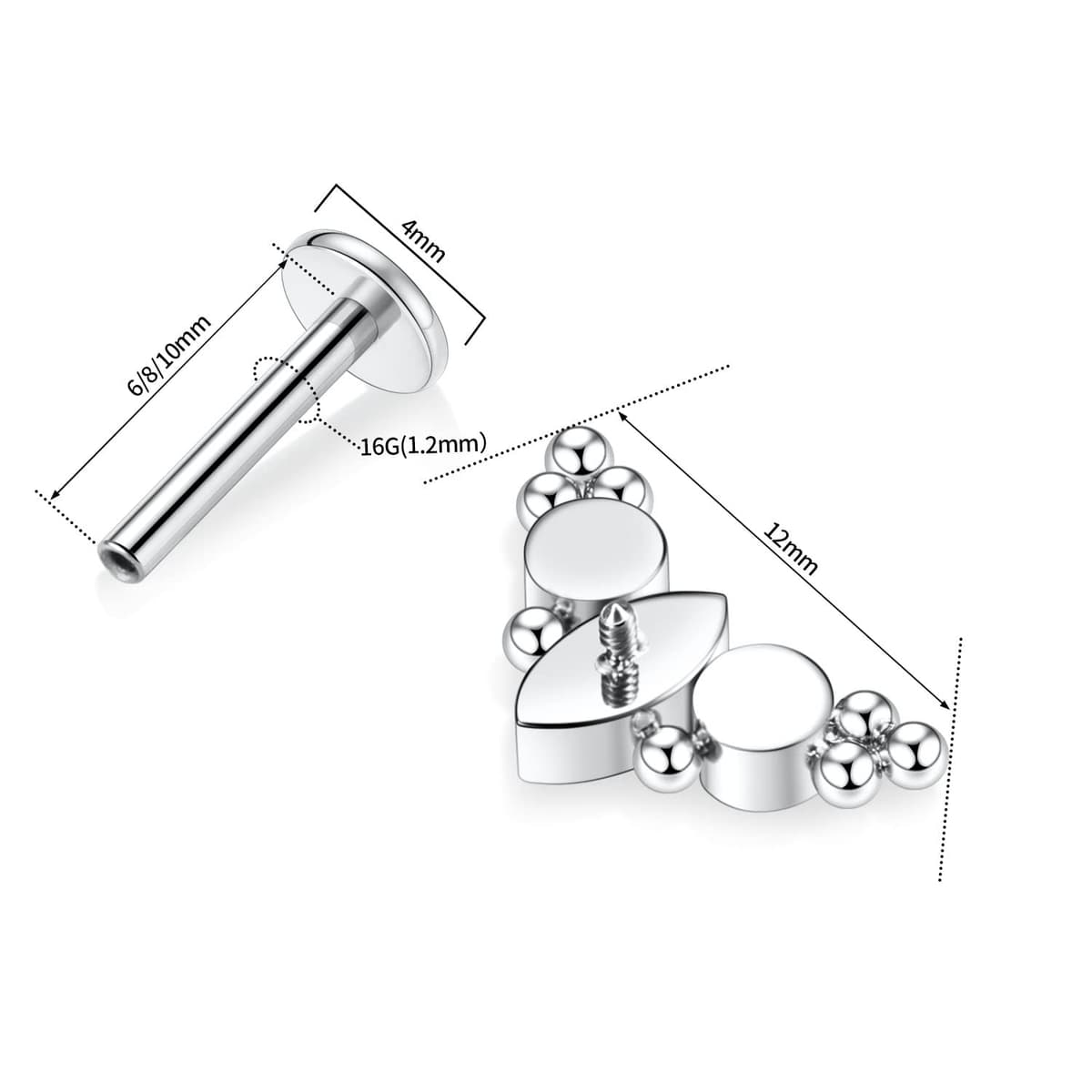 hengkaixuan 16G Titanium Labret Studs - Internally Threaded Flatback - Unisex - Silver - Piercing Jewellery — view 2