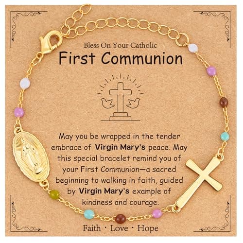 Jesvo First Communion Gifts for Girls, Catholic Virgin Mary Cross Bracelets Christian Religious Jewelry, 1st First Holy Communion Decorations Ideas Favors for Teen Kids Girls Age