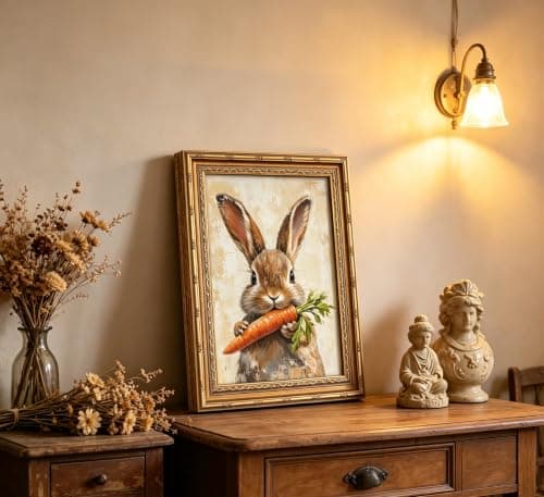 Gold Framed Rabbit Wall Art Vintage Easter Canvas Painting Picture Wall Decor Countryside Farmhouse Animal Poster Print Artwork ForSuitable For Bedroom Living Room Other Home Decoration — view 2