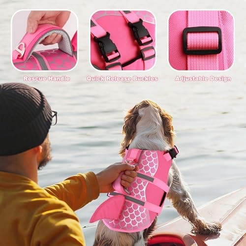 Dogcheer Dog Life Jacket Shark, Neoprene Harness Dog Life Vest with Lift Handle, Reflective Adjustable Pet Swim Float Vest for Small Medium Large Dogs - Pink Scales, M — view 4