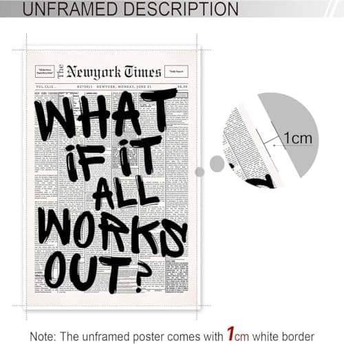 Drimiler Retro Black And White Newspaper Poster What If It All Works Out Canvas Wall Art Positive Affirming Quote Minimalist Prints Painting For Home Bedroom Dorm Wall Decor 8x12in Unframed — view 2
