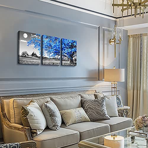 Wall Art for Living Room Black and White Blue Tree Moon Canvas Wall Decor for Home Artwork Painting 12" x 16" 3 Pieces Canvas Print for Bedroom Decor Modern Salon Kitchen Office Hang a Picture — view 2
