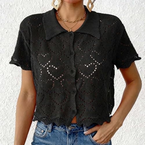Women Crochet Knit Short Sleeve Tops Summer Lightweight Button Sweater Hollow Out Knitted Cropped Shirts(Black,Medium)