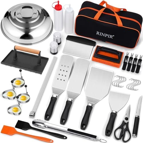 RINPIR 42pcs Griddle Accessories Kit for Blackstone, Flat Top Grill Spatula Set with Enlarged Spatulas, Melting Dome and Burger Press, Professional Hibachi Tools Gifts for Outdoor BBQ Teppanyaki