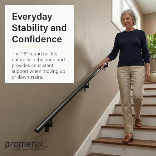 Promenaid Black 4ft Flush Handrail Kit - Complete Indoor/Outdoor Stair Handrail - Modern 1.6" Round Satin-Anodized Aluminum Railing with 2 Satin Black Painted Pivoting Wall Brackets & Flush Endcaps — view 2