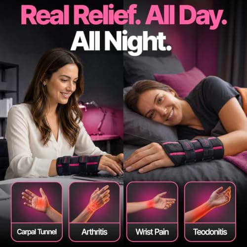 DR. BRACE Adjustable Wrist Brace Night Support for Carpal Tunnel, FSA & HSA Eligible, Doctor Developed, Upgraded with Double Splint & Therapeutic Cushion, Hand Brace for Pain Relief, Injuries, Sprains (S/M Right Hand, Black-Pink) — view 2