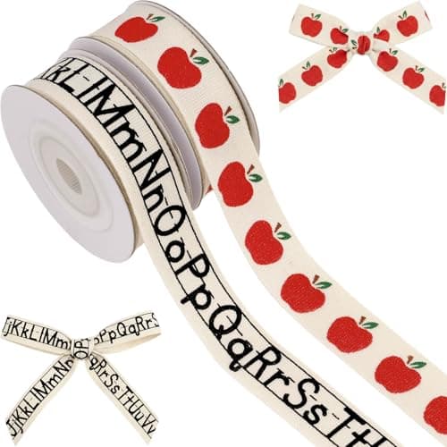 Kutyndrix School Ribbon for Crafts 2 Pack, 5/8 Inch x 5 Yards Cotton Apple Alphabet Back to School Ribbon for Hair Bows Gift Wrapping Teacher Gifts