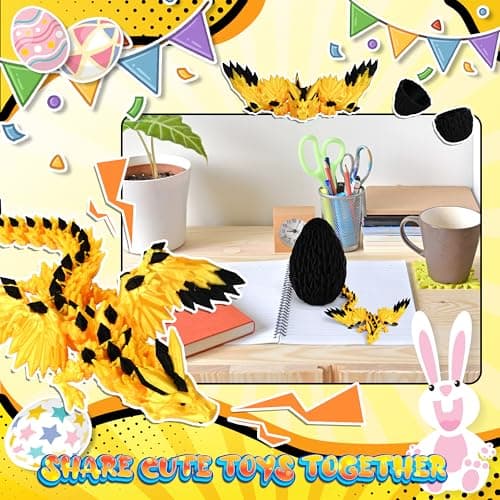 Impossmaker 3D Printed Fly Dragon Egg, Prefilled Easter Eggs Basket Stuffers, Cool Articulated Easter Dragon Gifts Toys, 3D Printer Animals Fidget Dinosaur Toys for Boys Kids Teen (Gold-in-Black) — view 3