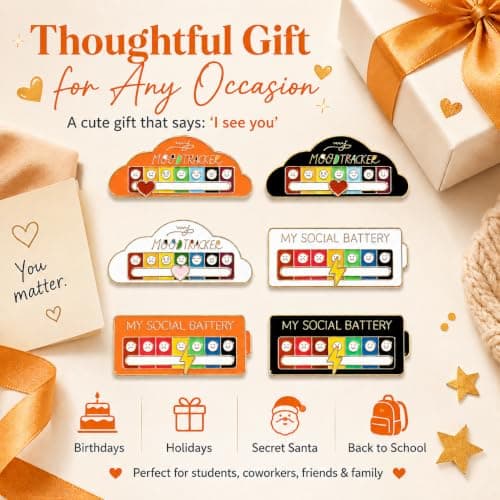 6PCS Social Battery Pin, My Social Battery Pin with 7 Mood Sliding Indicator, Funny Enamel Pins for Introverts, Cute Brooch Badges for Bag Backpacks Hat Jackets Gifts (A) — view 6
