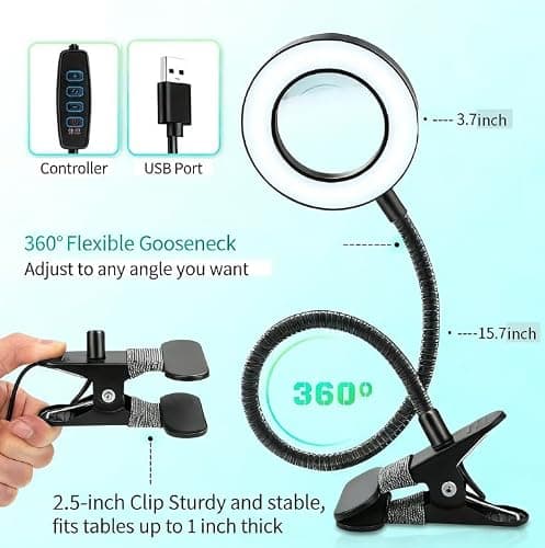 95mm Magnifying Glass with Light - Flexible Gooseneck Magnifier with 3 Color Modes 12 Dimmable Brightness for Craft Hobby Sewing Close Work (No Adapter) — view 3