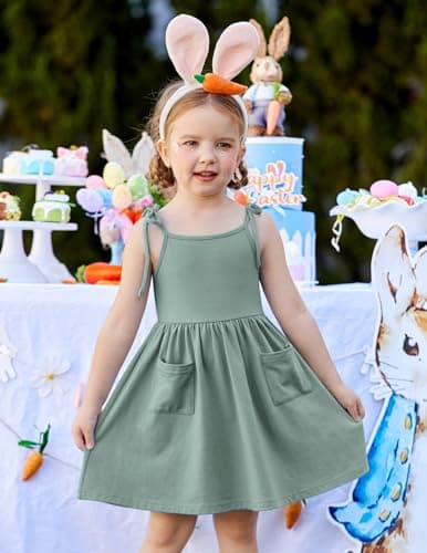Arshiner Toddler Girl Summer Dress Boho Easter Casual Sleeveless Beach Sundress Sage Green 5-6 Years — view 3