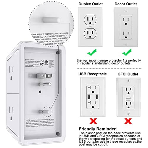 POWRUI Multi Plug 6 Outlet Surge Protector Extender with 3 USB Ports (1 USB C) and Night Light, 3-Sided Power Strip with Adapter Spaced Outlets, ETL Listed, White — view 5