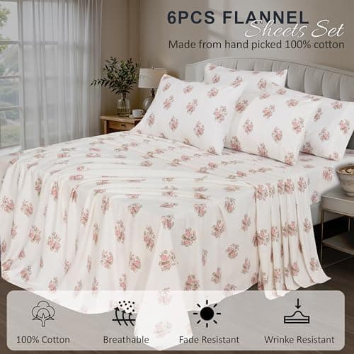 RUVANTI Flannel Sheets Queen Size 6 Pcs - 100% Cotton Double Brushed Bed Sheets, Deep Pockets 16 Inches Queen Sheet Set, All Seasons Breathable, Extra Soft & Comfy, Sowear — view 2