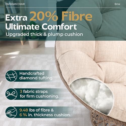 Bme Metal Oversized Swivel Papasan Chair, Living Room Chair with Beige Cushion, Brown Frame, 360° Swivel, Skillfully Woven Resin Wicker, 46 Inch Wide, Bee-Designed Base, Modern Style, Indoor Use — view 3