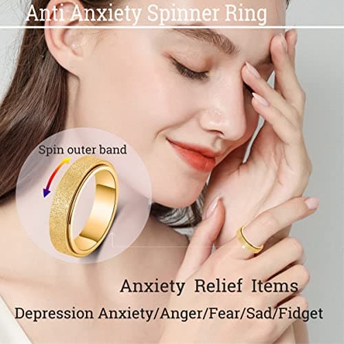 Fidget Ring Women Anxiety Spinner: Fidget Toys Adults Thumb Ring Stainless Steel Spinning Ring Rainbow Gold Black Silver Color (Gold-6mm, 8) — view 2